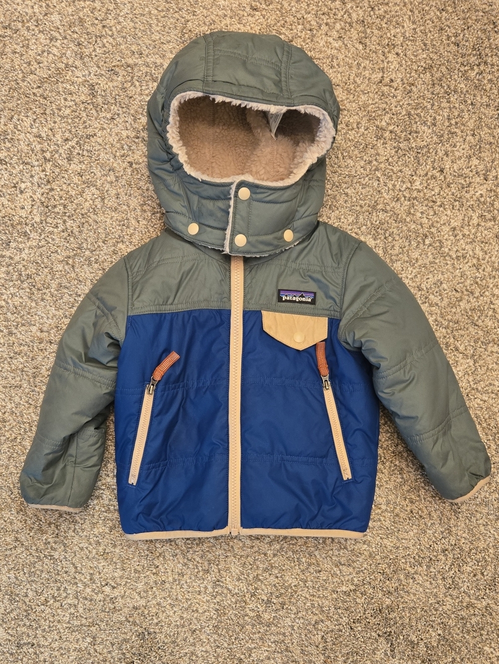Patagonia Kids' Colorblock Hooded Puffer Jacket - Blue & Green 2T